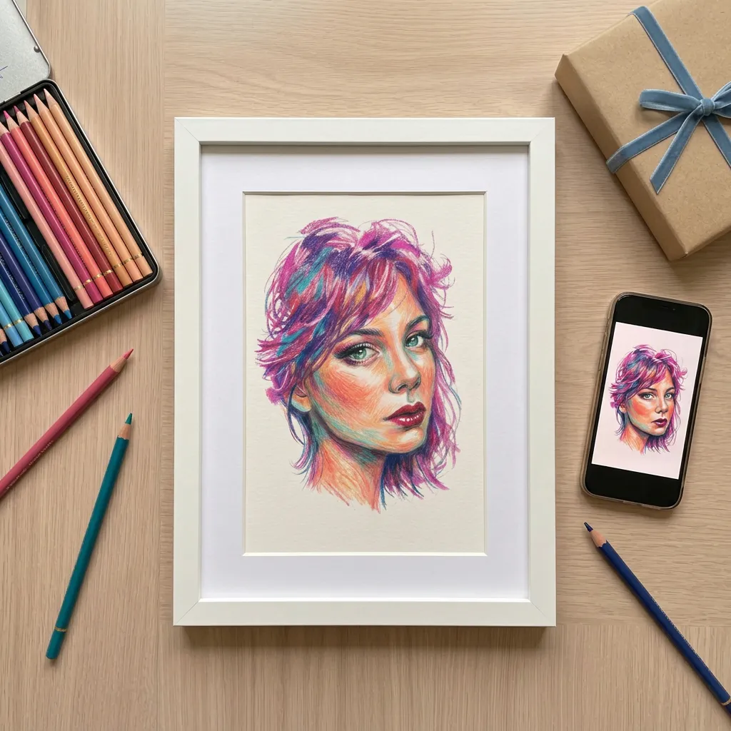 Guide showing framed portraits, gift wrapping, and phone photography tips