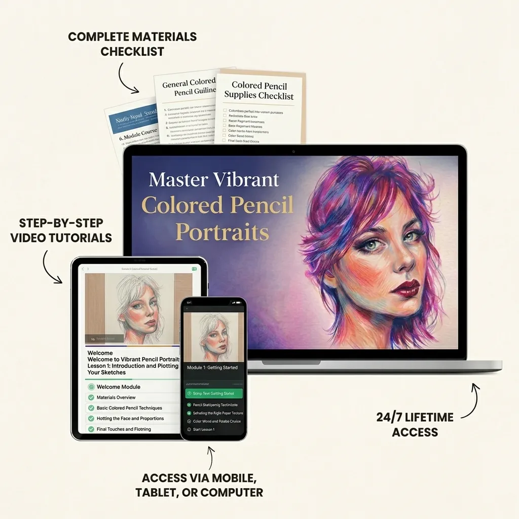 Course mockup showing the Colorful Portrait Course on multiple devices