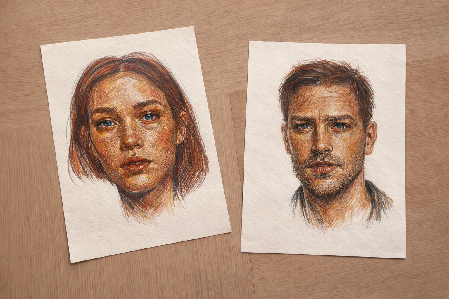 Earth colored pencil portraits of a man and woman