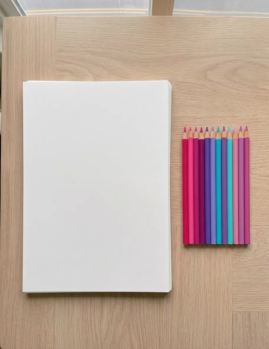 Colored pencils and drawing materials laid out on a desk